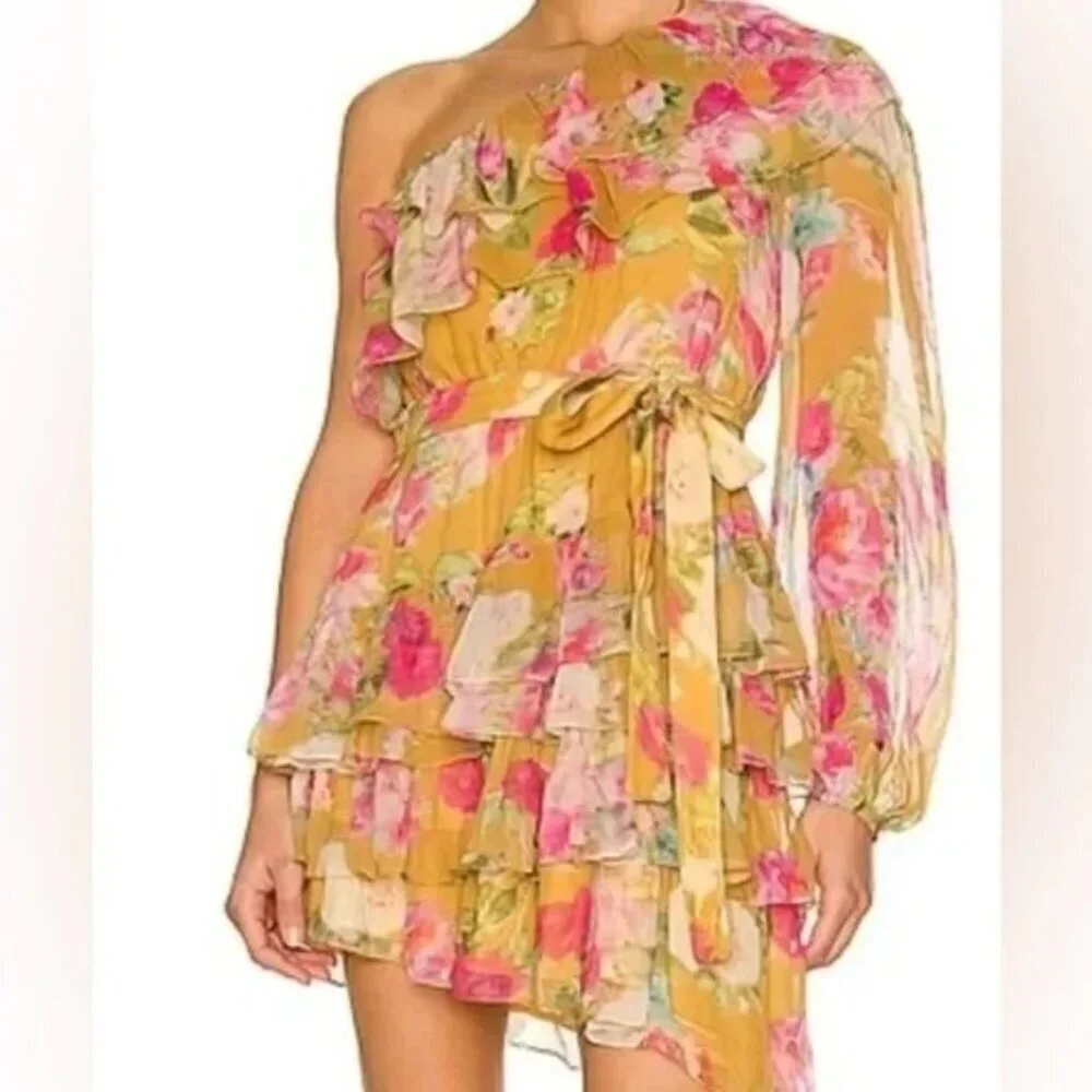 NWT ROCOCO SAND Avar Belted One Shoulder Dress Floral Chiffon Size XS Ochre
